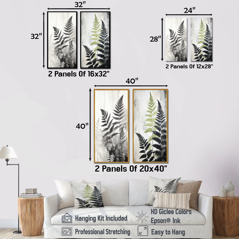 Black Ferns Serene Retreat - Ensemble de 2 impressions sur toile de fougères, Toile tendue, H 28 po x l 25 po