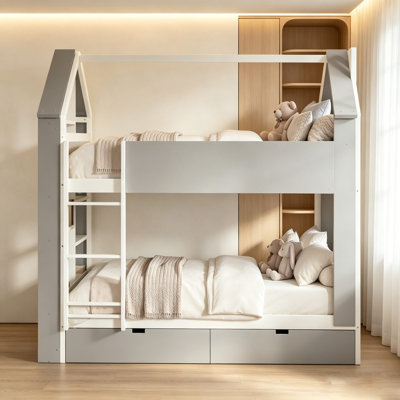 Lit superposé double au dessus d'un lit double avec toit éclairé, tablettes de rangement multiples, tiroirs et armoires