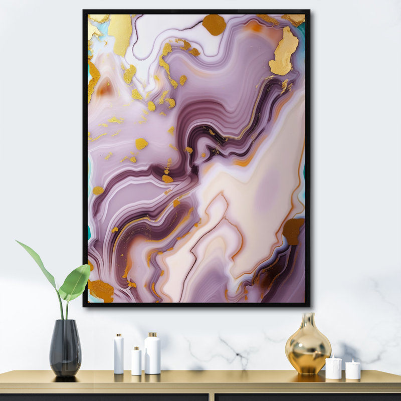 Abstractions dorées et mauves sur toile, H 20 po x l 12 po, Cadre flottant noir