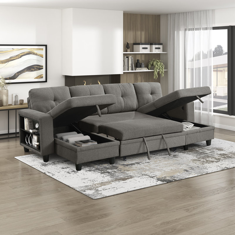 Neroni 102" Modern & Contemporary Square Arms Boucle Sectional with 2 Chaises - Boucle Sectional, Integrated Pull-Out Sleeper, Dual Hidden Storage
