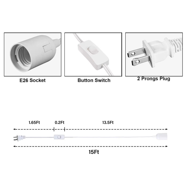 Ensemble de 6 cordons pour lanterne suspendue à extension simple 15 pi avec douille E26 de luxe Simple avec interrupteur marche / arrêt (ampoule non incluse), blanc