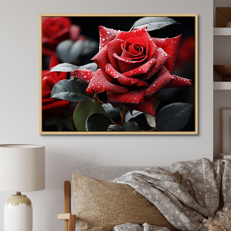 " Water Drops On Red Rose Majesty I ", 16" H x 32" W, Cadre naturel flottant