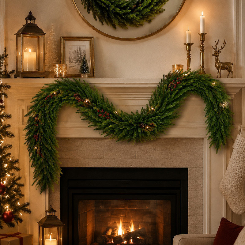 Neutral Style Norfolk Pine Garland, Real Touch Drooping Evergreen Vine, Artificial Greenery for Wedding, Party and Indoor Seasonal Decor