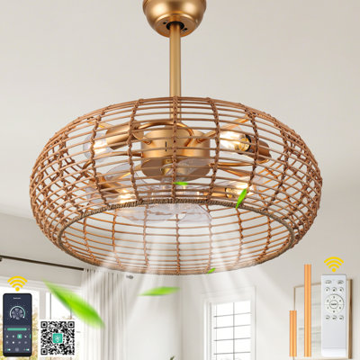Ventilateur de plafond en rotin doré de 24 po avec éclairage et télécommande / commande APP, ventilateur de plafond à moteur à courant continu réversible à 6 vitesses pour chambre à coucher, salon