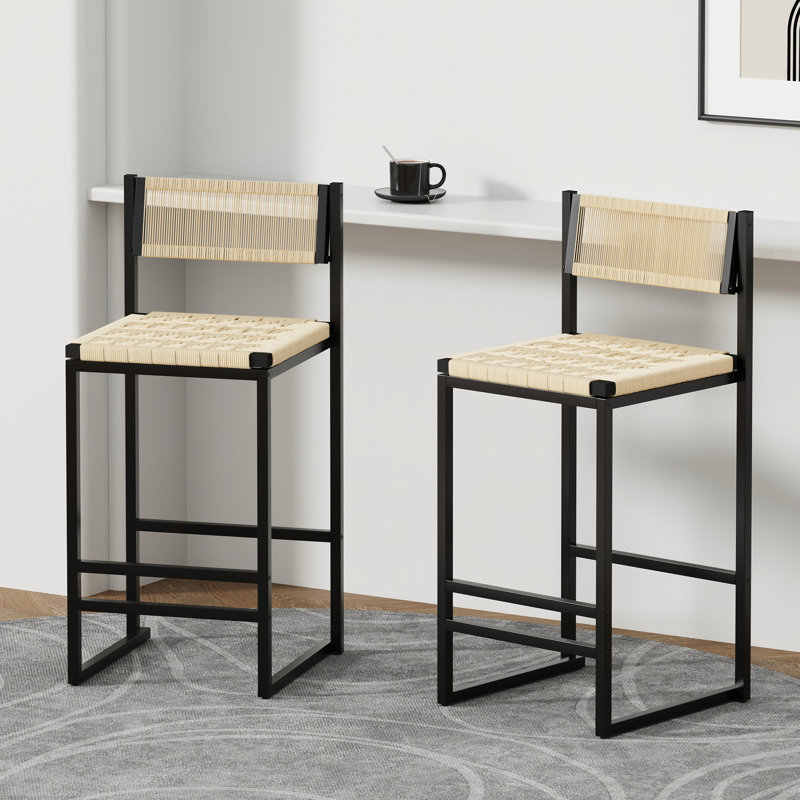 2Pcs Bar Stools With Paper Rope Weave, Metal Base, Modern Style, Suitable For All Occasions, Up To 220Lbs Capacity, 15.44"W X 33.88''H Anywhere,