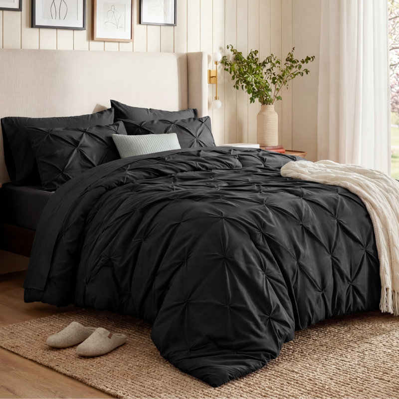 Bedsure Oversized King Burgundy Pintuck Bed-in-a-Bag - Black Pinch Pleat Comforter Set with Sheets, Pillowcases & Shams (Set of 7)