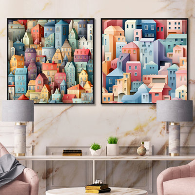 Bâtiments urbains aux couleurs pastel douces III - ensemble de 2 collages carrés abstraits