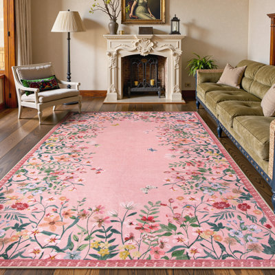 Tapis floral rose lavable 6 x 9 avec envers antidérapant Floral