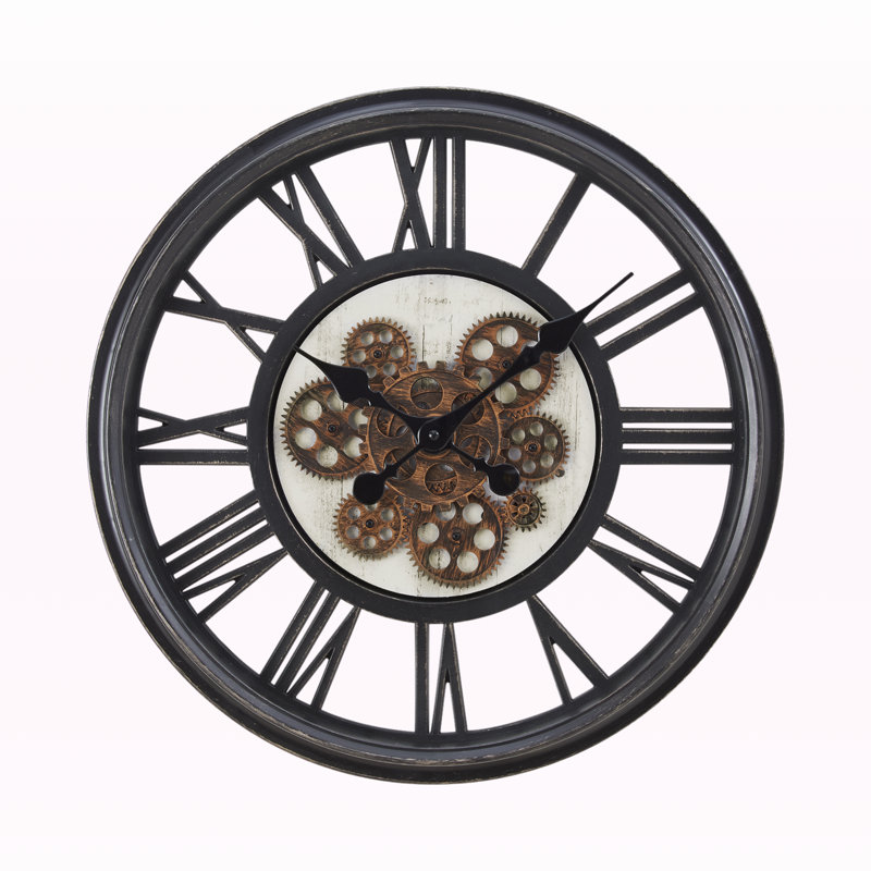Demeter Round Gear Mechanism Wall Clock in Black, Transitional Style