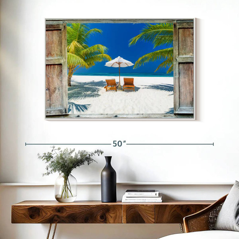Fenêtre sur la côte des Maldives, Cadre flottant blanc, 40 po x 27 po