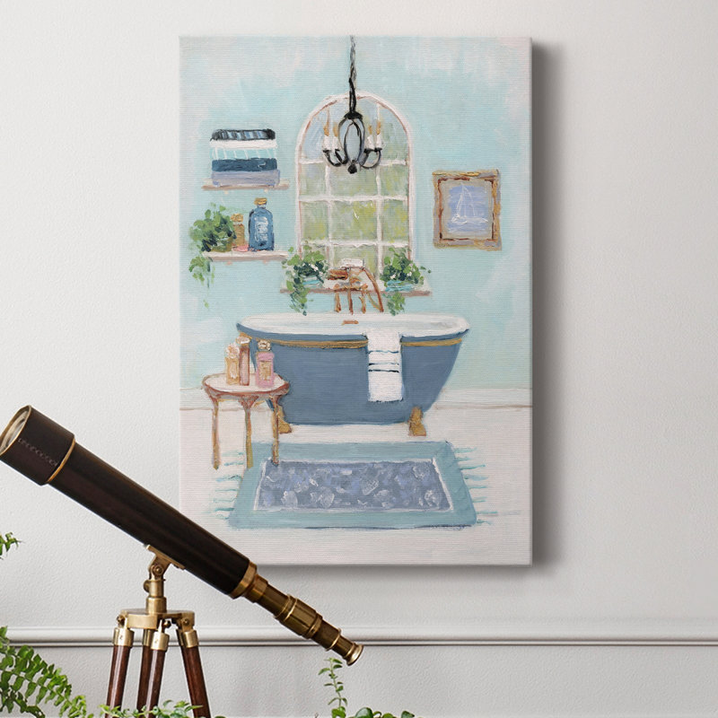 «Blue Bath I» - peinture sur toile tendue, H 48 po x l 32 po x P 1 po