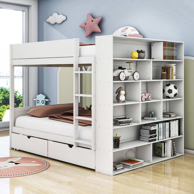 Lit standard à 2 tiroirs avec tablettes Janaye par Harriet Bee, Complète, Blanc