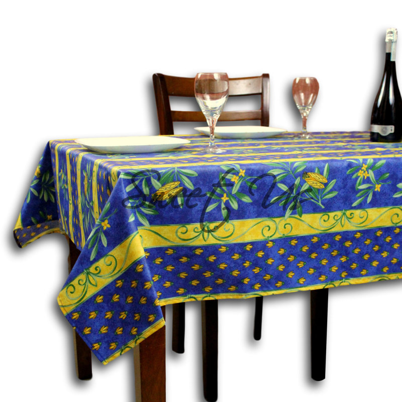 Blue and Yellow Floral Acrylic Coated Cotton Tablecloth, 60" x 116"