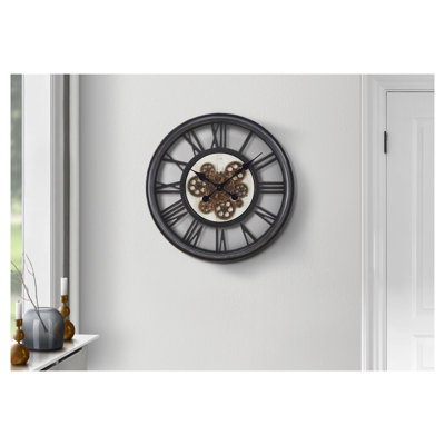 20" Round Black Wall Clock with Moving Gear Mechanism, Transitional Design