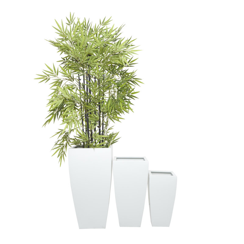 3 Piece Metal Light Weight Indoor Outdoor Planter with Tapered Base and Fluted Design Set, White, 30" H x 15" W x 15.50" D