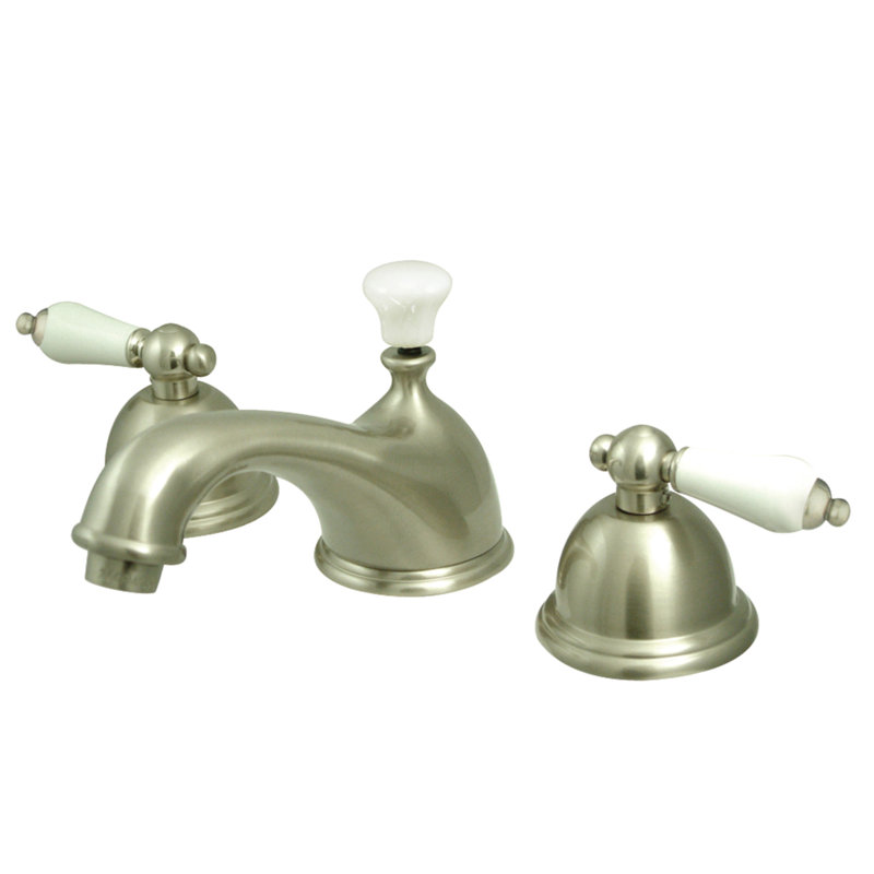 Kingston Brass Restoration Two-Handle 3-Hole Deck Mount Widespread Bathroom Faucet with Brass Pop-Up Drain, Brushed Nickel