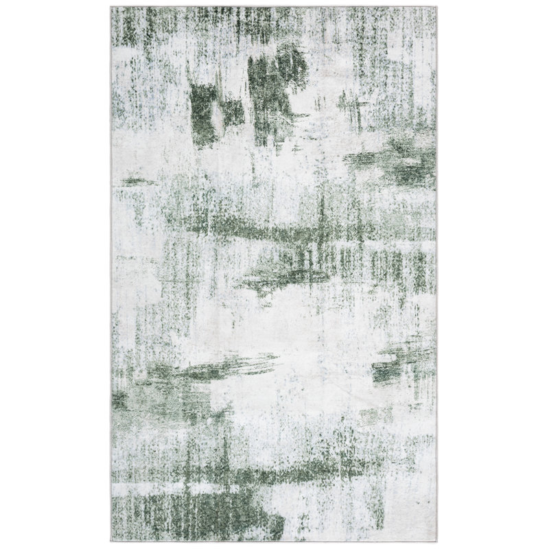 Tapis abstrait en polyester tissé à la machine blanc / vert Spanos, Rectangle 3 pi x 5 pi