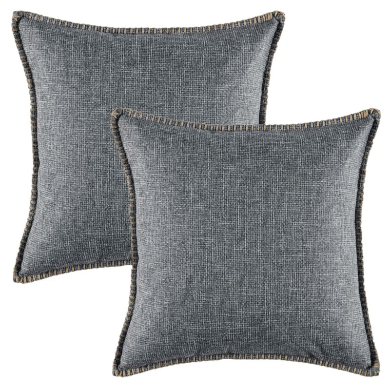 Ensemble de 2 coussins en lin à garniture décorative (inséré inclus), H 18 po x l 18 po, Gris, Carré