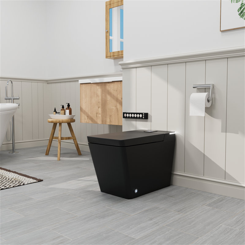 One-piece Floor Mounted Square Smart Toilet With Remote Control And Automatic Cover, Matte Black