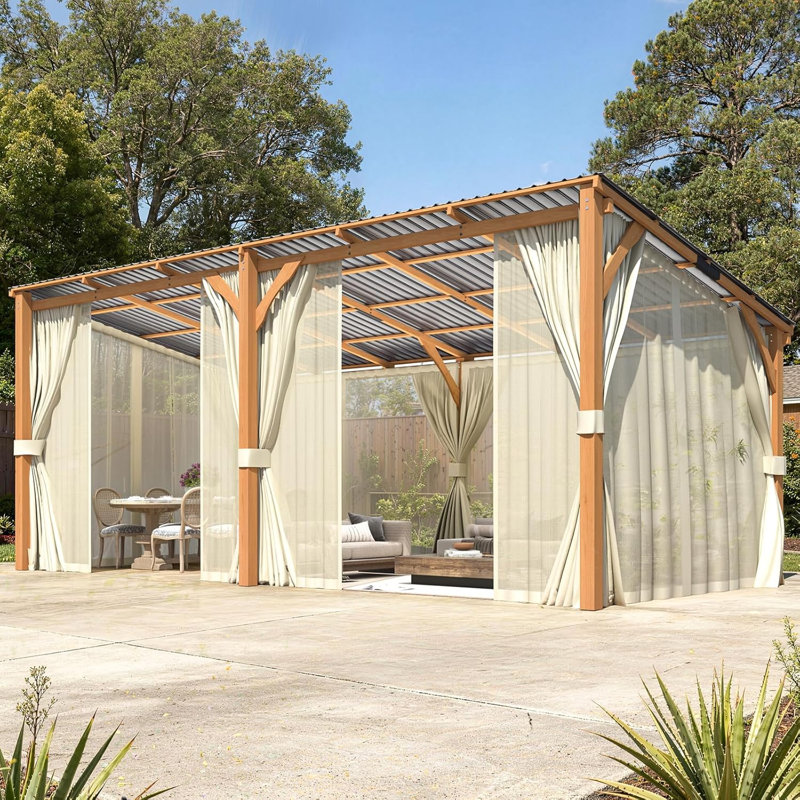 Pergolas et abris de jardin à toit rigide en bois avec rideaux et moustiquaire, 96.5" H x 234" W x 115" D