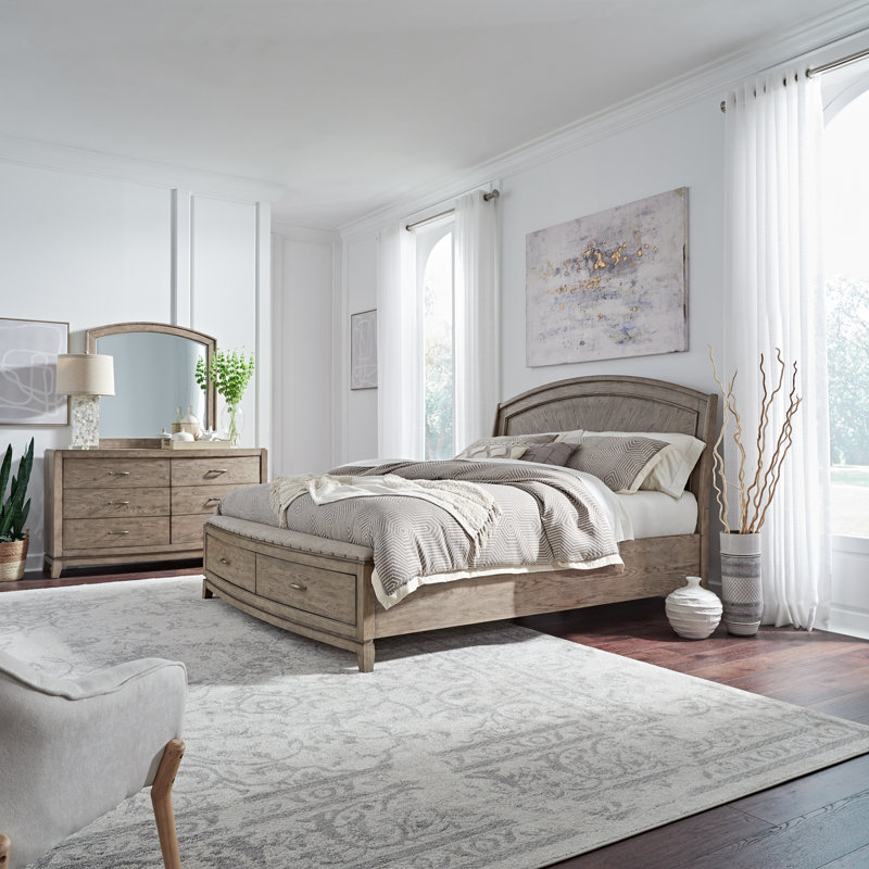 Ensemble de chambre à coucher avec lit à panneaux, commode et miroir Drelan, Très grand lit, Marron foncé