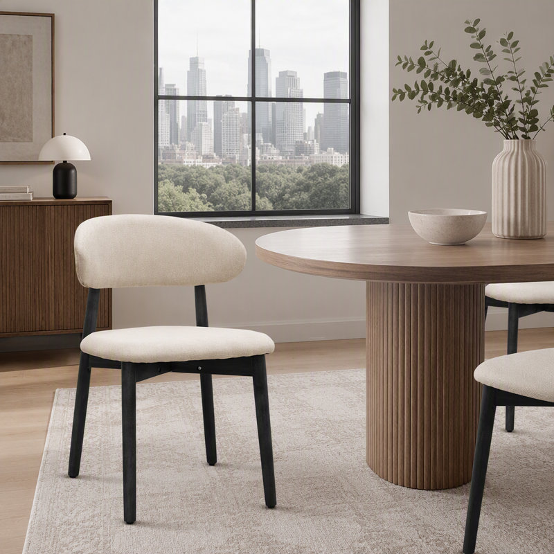 Ensemble de 2 chaises de salle à manger rembourrées en tissu de lin avec pieds en bois massif, Beige