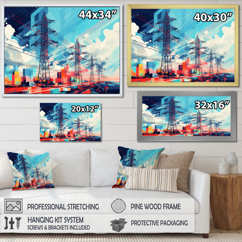 «Color Lines Power Lines Gridscape Serenade I», reproduction sur toile, H 24 po x l 32 po x P 1 po, Cadre flottant noir