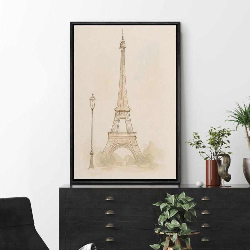 «Eiffel Tower Line Line Paris Architecture Neutral Wall Decor», reproduction d'art sur toile encadrée, Cadre flottant noir