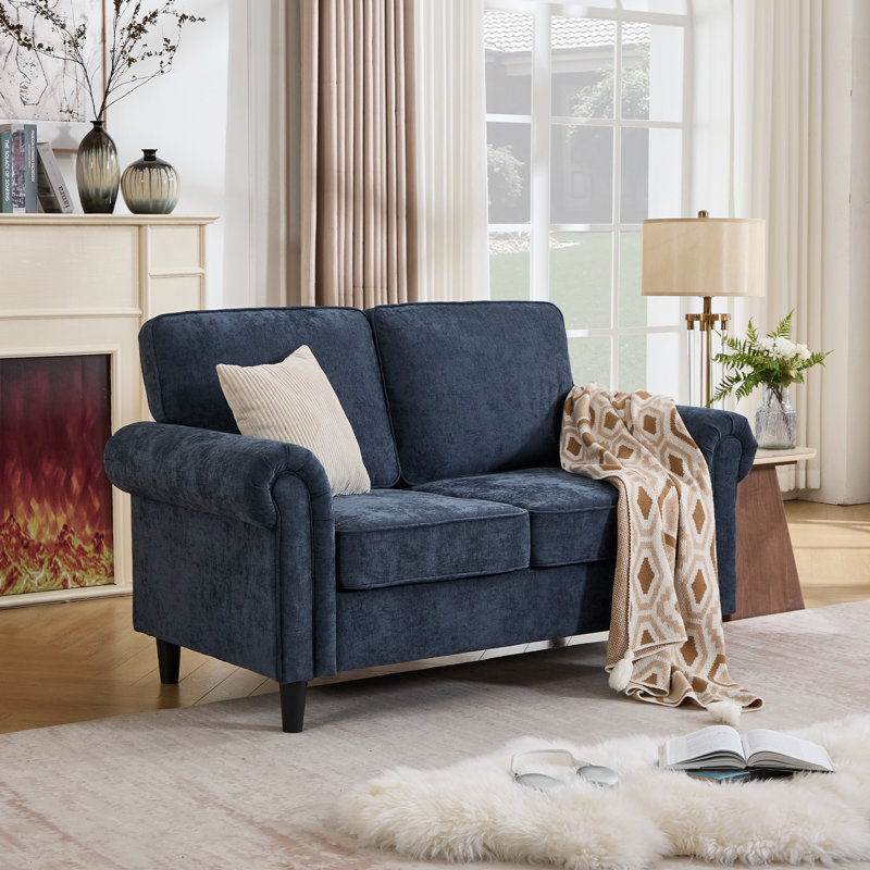 Canapé moderne en chenille à accoudoirs arrondis 61 po Luelle, Bleu