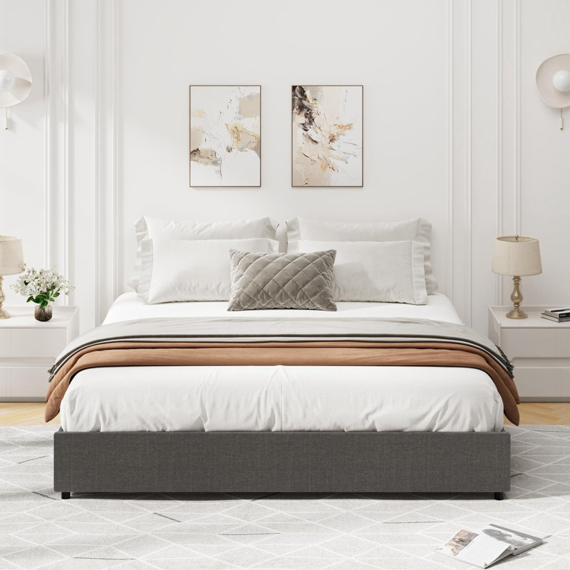 Bed Frame, Platform Bed Frame, Fabric Upholstered With 4 Storage Drawers, King