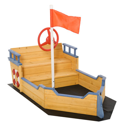 Outsunny Kids Wooden Pirate Sandbox - Outdoor Backyard Sandboat with Bench Seats, Storage & Non-Woven Liner for Children