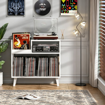 Support pour tourne-disque Mid-Century avec rangement en vinyle, table tournante pouvant contenir plus de 150 albums, console média en bois avec séparateurs en métal pour le salon