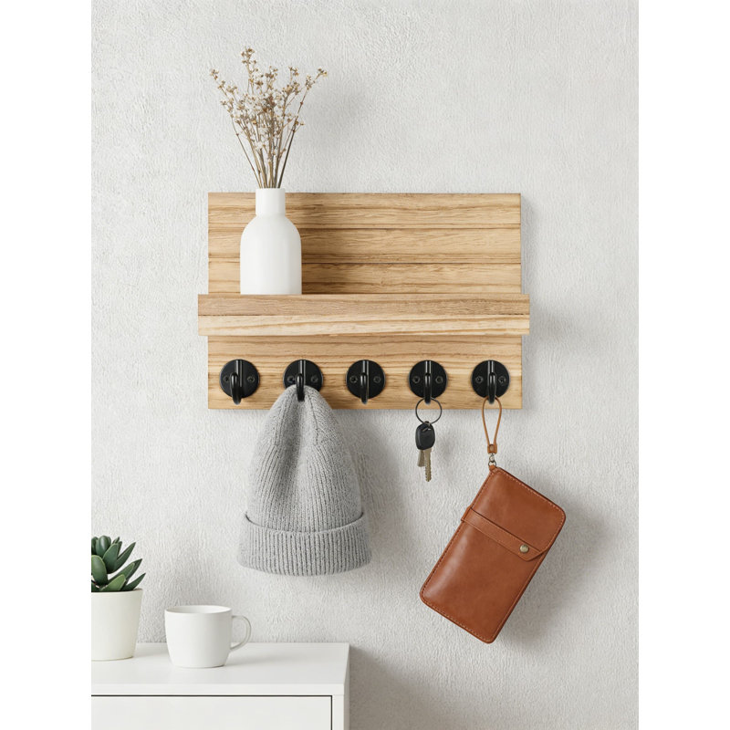 Porte-clés mural avec tablette, organisateur de vestibule décoratif pour clés, courrier, manteaux et sacs, porte-clés en bois robuste avec grands crochets et quincaillerie de fixation