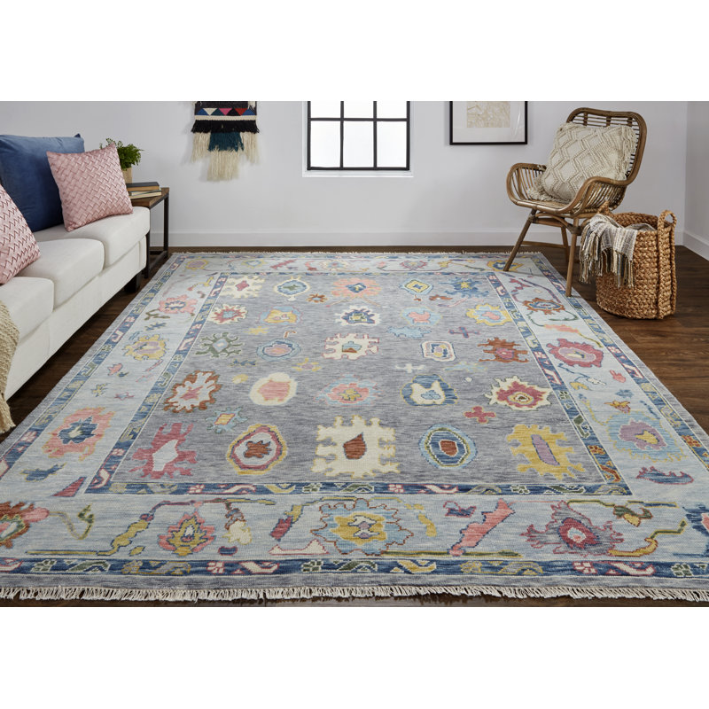 Karina Hand Knotted Wool Ikat Area Rug in Gray/Blue/Rust/Yellow, Rectangle 2' x 3'