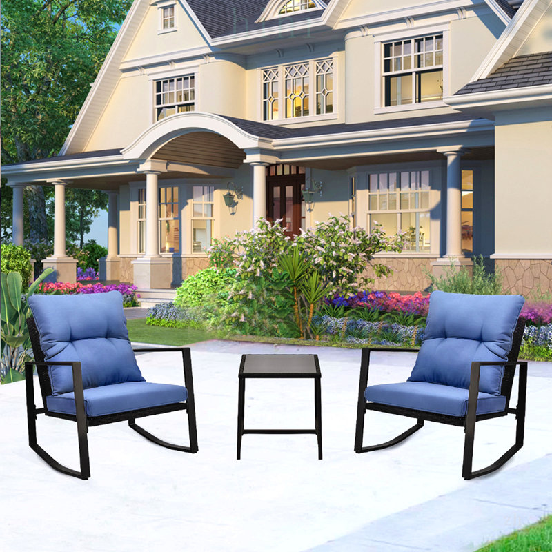 Ensemble bistro de patio 3 pièces avec coussins bleus, chaises à bascule d'extérieur durables et confortables pour la cour, le jardin et la piscine
