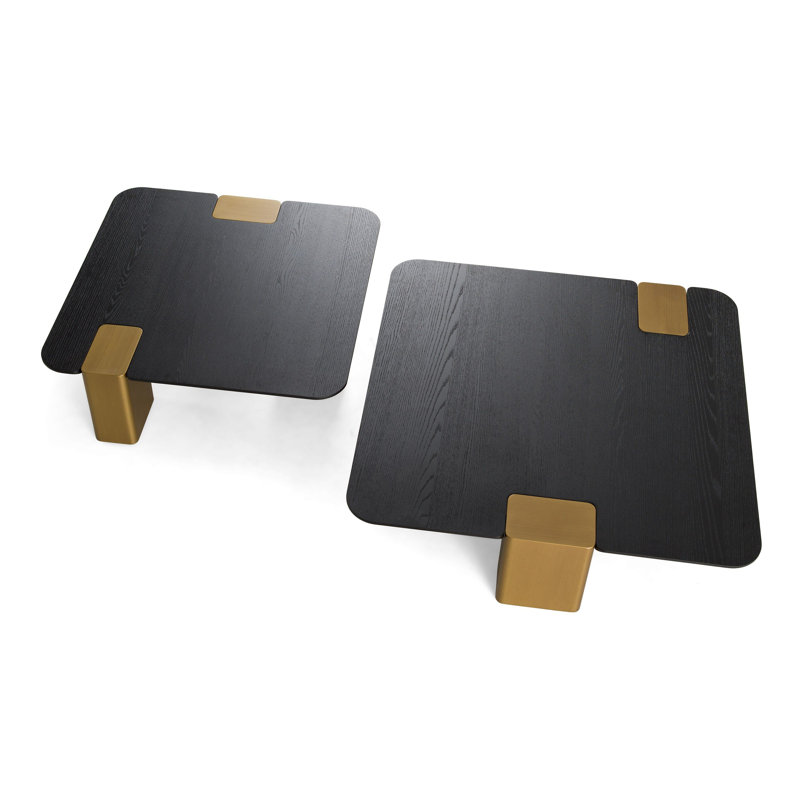 Ensemble de tables basses carrées en chêne brossé noir et doré moderne