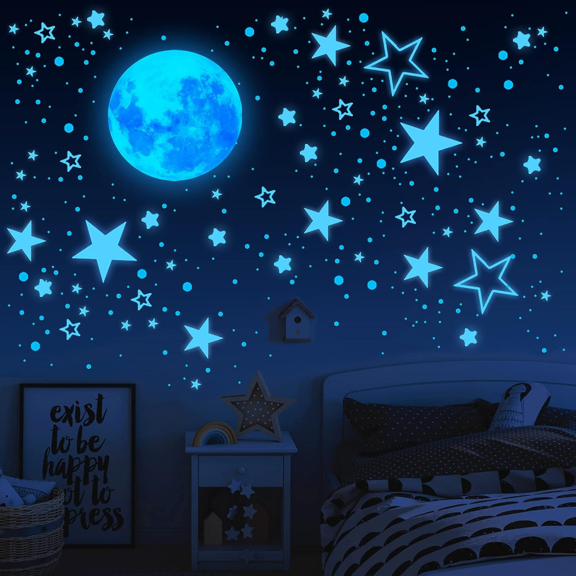 Glow in The Dark Stars for Ceiling, 3D Glowing Star Removable Self-Adhesive Wall Decals,Moon, Rocket and Planets Wall Stickers for Girls Boys Kids DIY