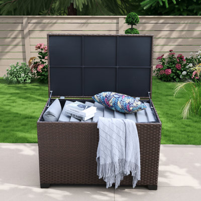Boîte de rangement en osier résistante au rotin avec couvercle à ressort et sac intérieur imperméable avec fermeture à glissière