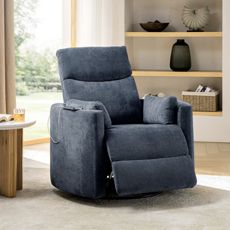 Anneisha Modern Swivel Rocker Power Recliner with Moveable Pillows, Navy