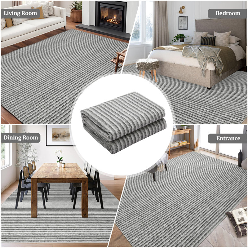 Machine Washable Rug with Rubber Backing for Living Room Braided Printed Texture Non-Slip Dining Room Rug Easy-Cleaning Striped Floor Carpet for Bedroom Office Nursery Playroom