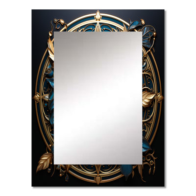 Gold And Teal 3D Flowers Ancient Seal II - Botanicals Unique Wall Mirror Decor, Modern Large Mirror, Printed Metal Art