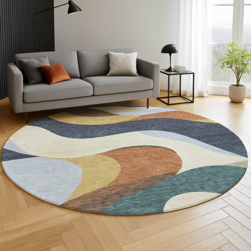 Premium Machine Washable Mayfield AMF2186 swirls Rug, Gold, 8' Round