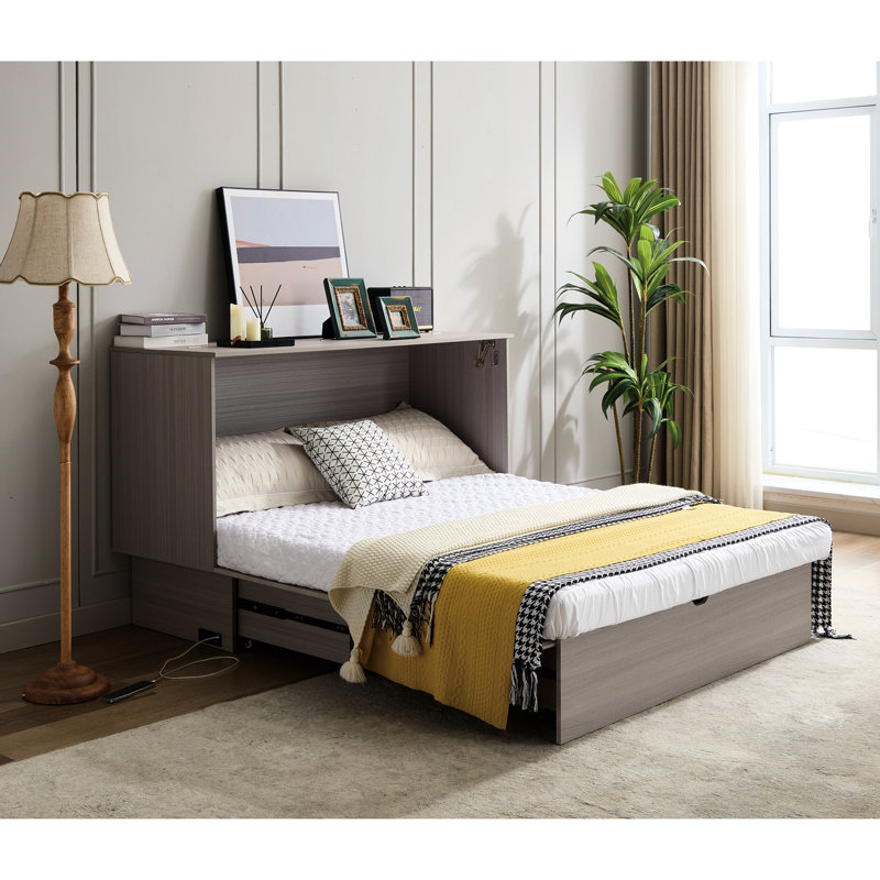 Grand lit moderne avec rangement, matelas en mousse pliable, ports et tiroirs, compartiment de rangement gris, centre de chargement pour matelas,