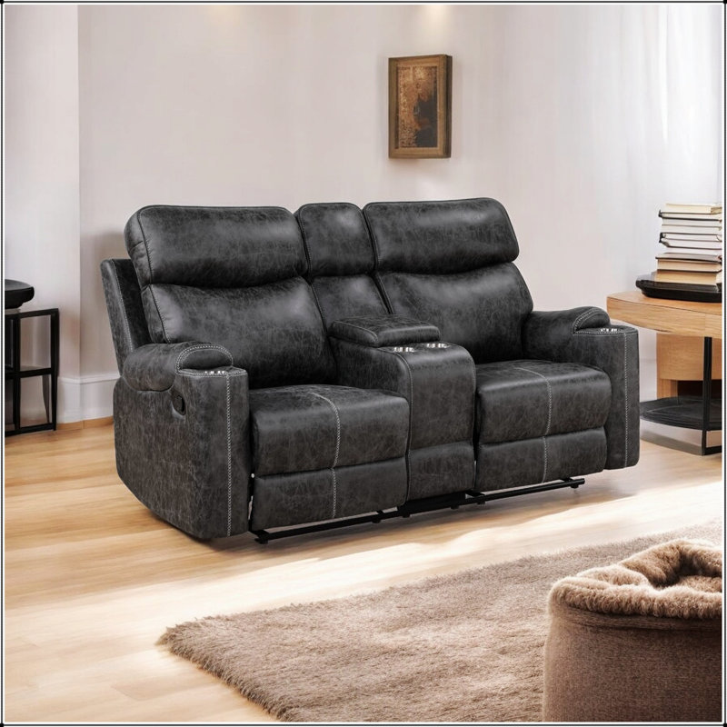Hirah Dark Gray Microfiber Manual Recliner Loveseat with Cupholder Function and Built-in USB Port