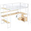 Lit mezzanine simple avec espace de travail, grand espace de rangement à DEL, bureau en métal blanc et peu encombrant, option de rangement abondant