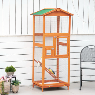 Volière extérieure en bois de 65 po de hauteur, 65 po, orange - avec 2 portes, plateau coulissant, pour perroquets et perroquets, volière résistante aux intempéries et forte, perroquets protégés, plateau coulissant