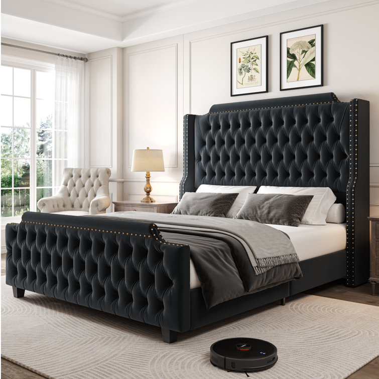 Arcella Velvet Upholstered Wingback Bed with Button Tuft Lark Manor Color: Black, Size: King