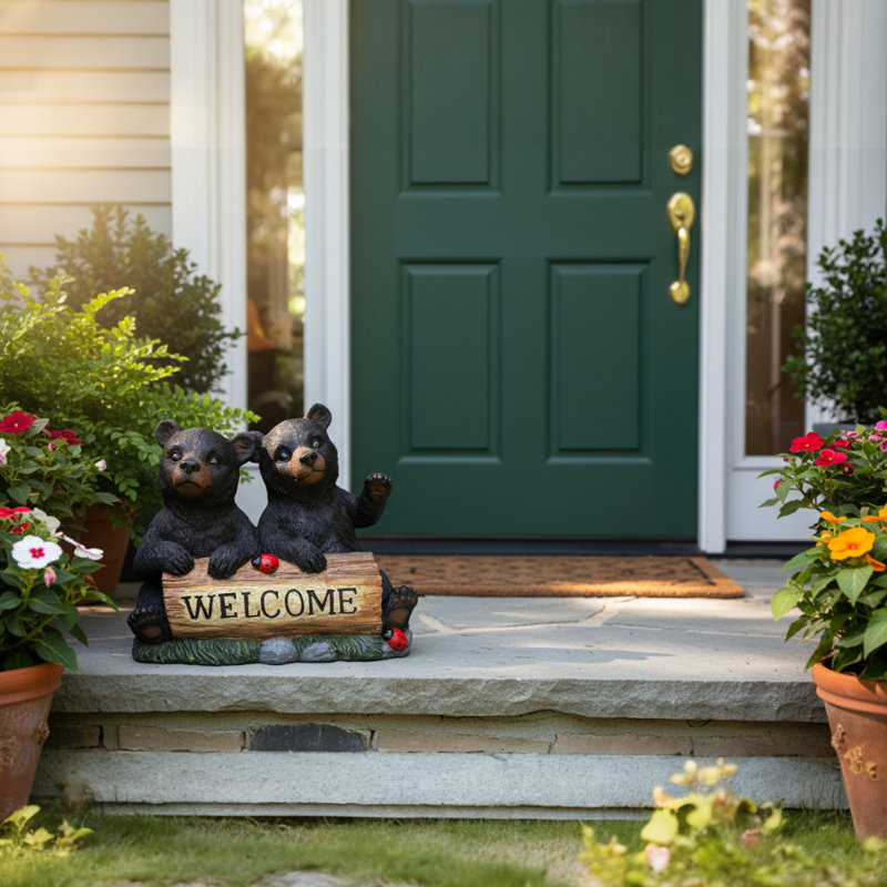 Welcome Bear Cub Garden Figurine with Ladybug Accents