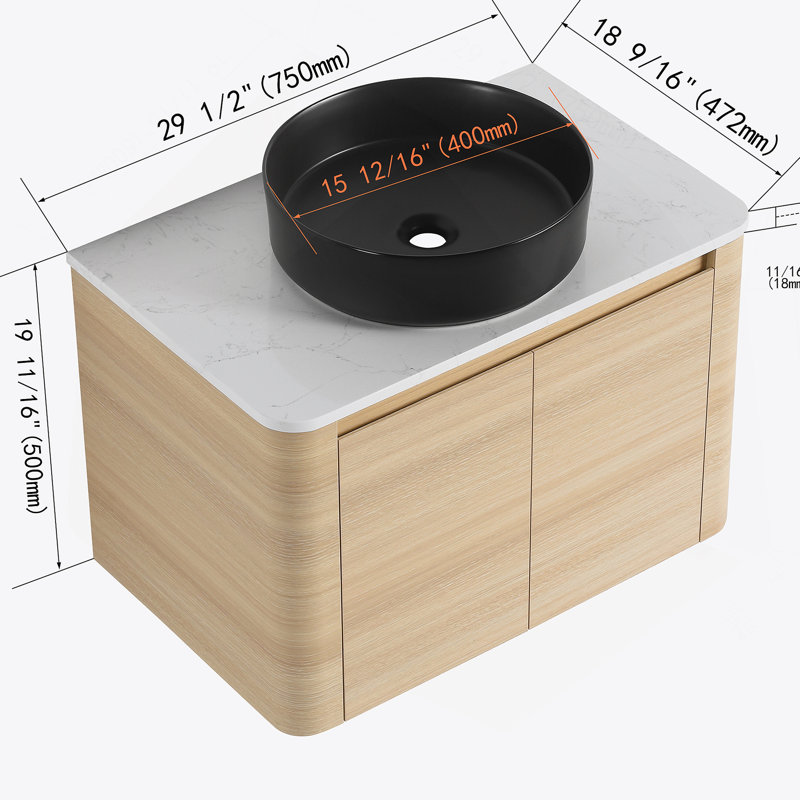 Meuble-lavabo mural de 30 po avec lavabo d'art en céramique et portes à fermeture en douceur, peu encombrant et élégant, 30"