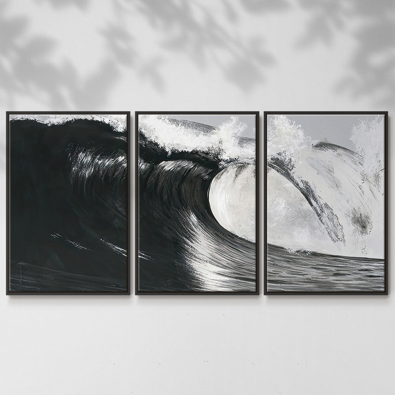 «Black and White Waves III», reproduction sur toile 3 pièces, H 36 po x l 75 po x P 2 po, Noir
